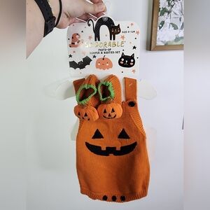 Halloween Pumpkin Knit Romper & Booties Set - Orange 0-12 Month